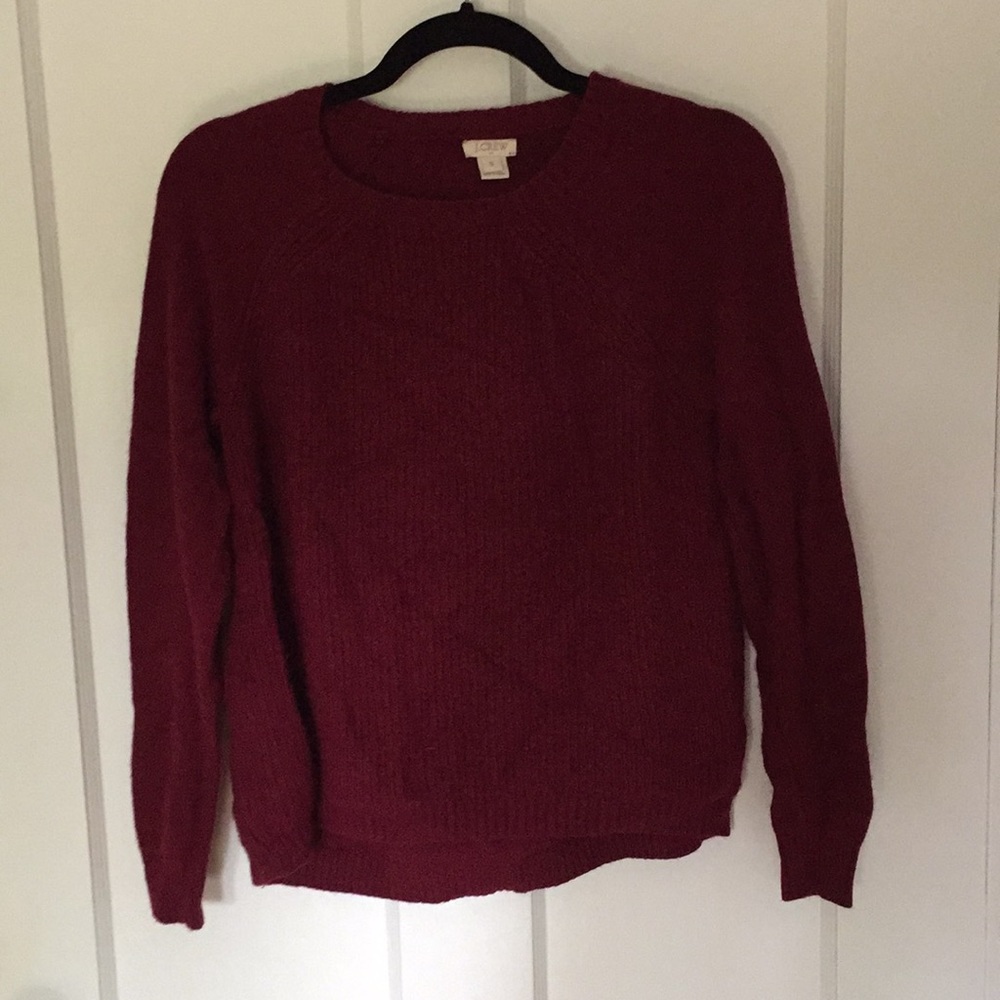 Maroon j crew sweater with black elbow patches